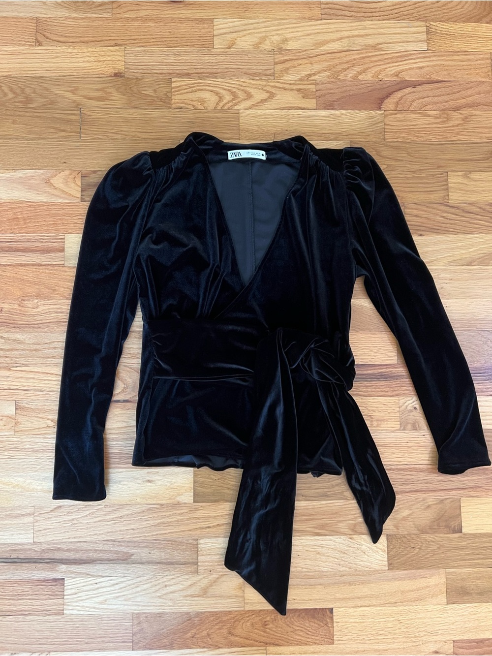 Zara Black Velvet Wrap Top with Side Tie